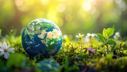 Earth globe nestled in a lush, vibrant green landscape