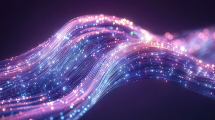 Abstract flowing waves of illuminated fiber optic strands glowing with multicolored light against a dark background, evoking a futuristic and dynamic atmosphere