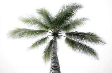 Obraz premium Tall palm tree with long green fronds spreading outward against a bright white sky, evoking a calm and tropical atmosphere