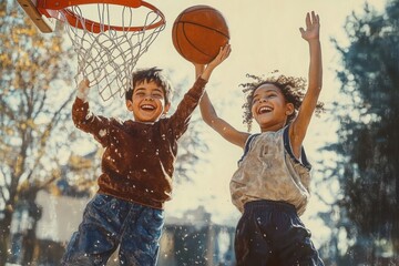 Two joyful children playing basketball outside with one attempting a shot and the other celebrating under the hoop on a sunny day