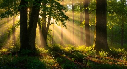 Sunbeams illuminate a lush forest floor with vibrant green ferns and mossy trees