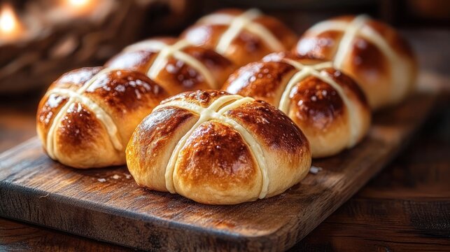 Freshly baked hot cross buns with a golden brown crust and white icing crosses, resting on a wooden cutting board, creating a warm and appetizing atmosphere