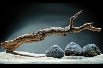 Obraz premium Minimalist arrangement of a twisted dry branch leaning over three rounded stones on fine sand under soft lighting evoking calm and natural tranquility