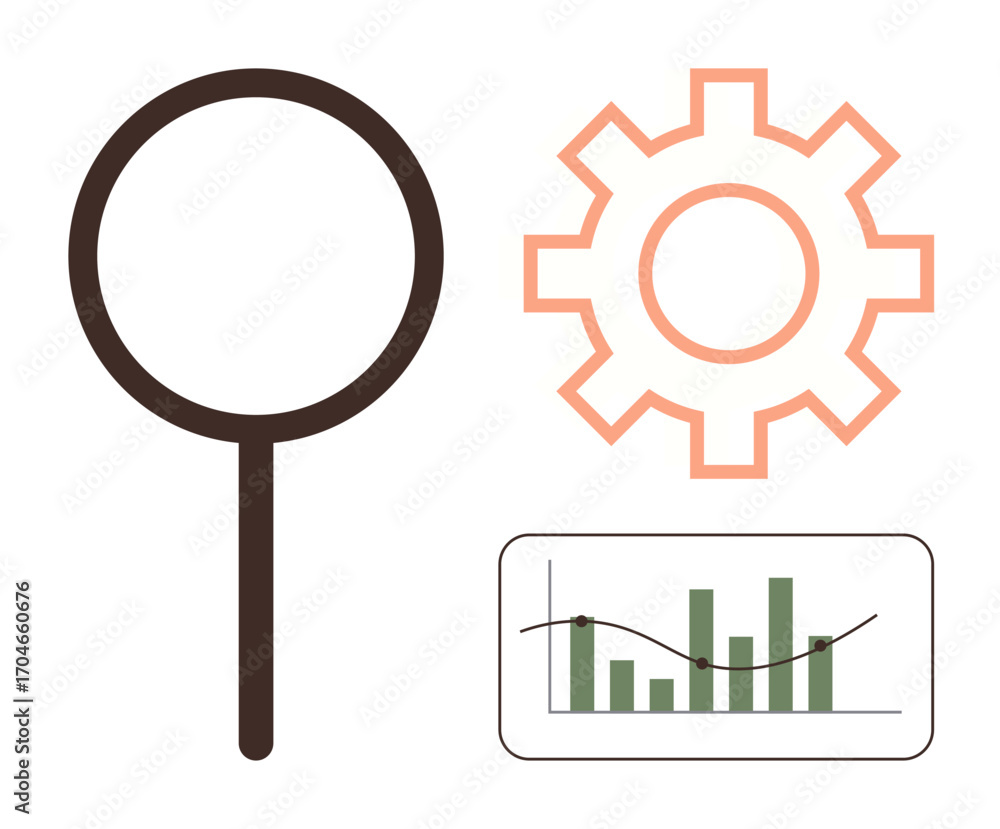 Aufkleber magnifying glass, gear, and bar graph emphasizing analysis, efficiency, and insights. ideal for rese