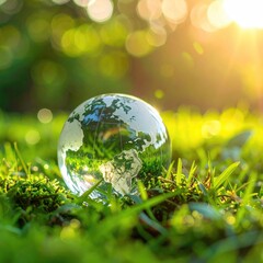 Crystal globe earth resting on vibrant green grass, bathed in sunlight