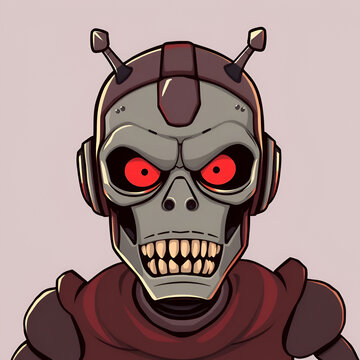 Emotional wicked robot head in cartoon style. robot evil