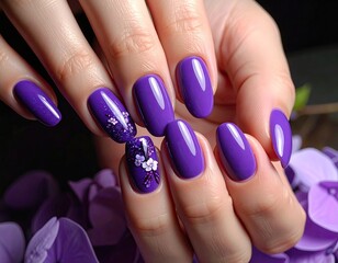 Close-up of manicured hands with vibrant purple nails.  Small, detailed flower designs and glitter accents adorn the nails.  Purple hydrangea blossoms are in the background