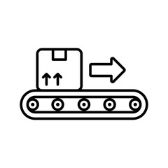 Conveyor belt icon. Simple outline style. Conveyor belt with box, manufacturing, production, warehouse, package, industry, factory concept. Thin line symbol. Isolated design.