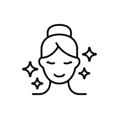 Aesthetic cosmetology icon. Simple outline style. Shiny skin, anti age skin care, happy woman, plastic surgery clinic concept. Thin line symbol. Isolated design.