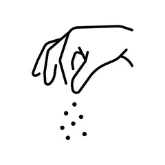 Sprinkling hand gesture icon. Simple outline style. Condiment, salt, sugar, spice, seasoning, pinch, pick, chef, sprinkle, pepper, food concept. Thin line symbol. Isolated design.