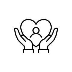 Patient care icon. Simple outline style. Hands hugging heart which sign person, safety, protect, healthcare, client, charity, message love concept. Thin line symbol. Isolated design.