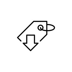 Price reduced icon. Simple outline style. Price tag with down arrow, low, cheap, cost, discount, reduction, promo, clearance, business concept. Thin line symbol. Isolated design.