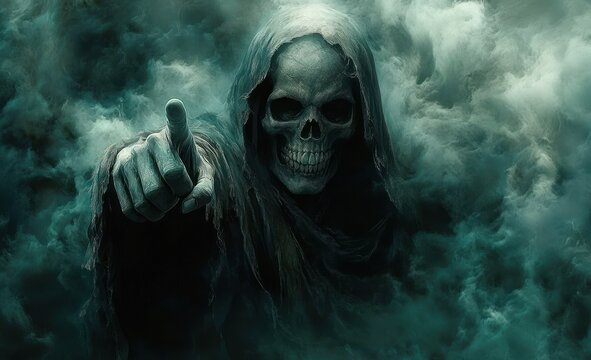 Dark skeletal figure wearing tattered hooded cloak emerging from swirling mist pointing forward with a grim and eerie expression