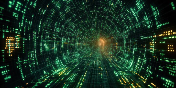 Futuristic glowing digital tunnel with green and orange matrix-like code forming a circular passageway with depth and technological energy
