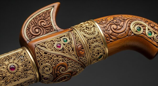 Exquisite Dagger Hilt: Intricate Wood Carving, Gold Filigree, and Gemstones