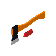 Isometric Axe With Orange Wooden Handle and Red Blade Cover, Tool Vector