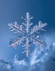 Detailed close-up of a single, intricate snowflake.  Crystalline structure, clear ice facets,  against a soft blue background.  Snow crystals, macro view,  highlighting natural beauty