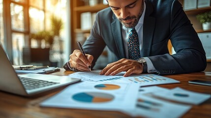 Focused businessman in a suit writing notes on financial charts and graphs at a wooden desk with a laptop in a bright office setting