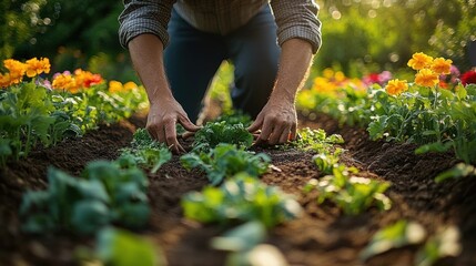 Fototapeta premium Person tending to green leafy plants in a garden bed surrounded by bright yellow flowers in warm natural sunlight