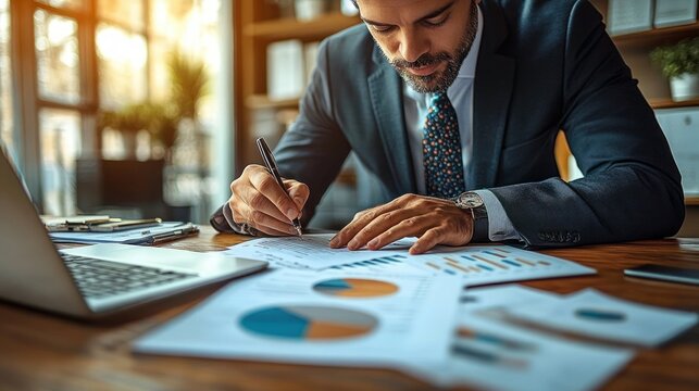 Focused businessman in a suit writing notes on financial charts and graphs at a wooden desk with a laptop in a bright office setting