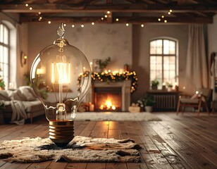Cozy Christmas living room scene with a vintage lightbulb