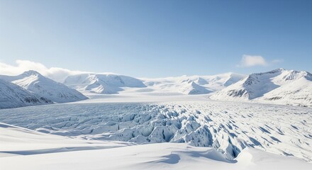 Vast icy glacial landscape under a clear blue sky with snow-capped mountains.