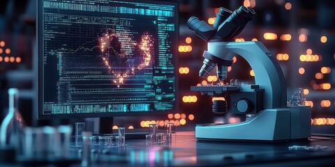Microscope on laboratory table next to digital screen displaying complex code and protein structure visualization in a high-tech scientific setting