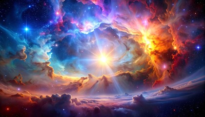 Vibrant Cosmic Nebula with Radiant Starburst and Colorful Clouds.