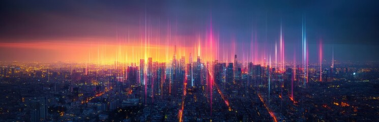 Fototapeta premium A futuristic cityscape at dusk with glowing vertical light beams rising from the buildings, casting vibrant purple, pink, and blue hues over the urban skyline