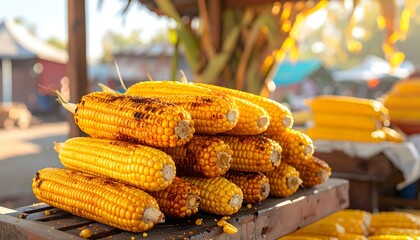 Golden roasted corn cobs stacked in market stall