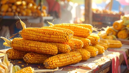 Golden roasted corn cobs stacked in market stall