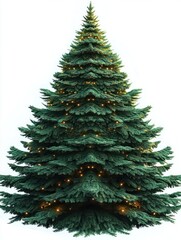 Fototapeta premium Tall lush green pine tree decorated with warm white string lights creating a festive and cozy atmosphere