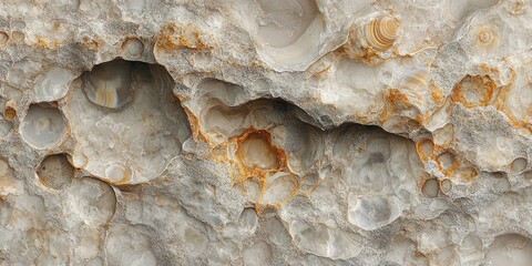 Close-up of weathered natural rock surface with various sized erosion holes and a small seashell embedded in the upper right area