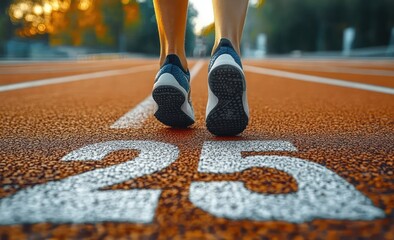 Close-up of a person walking on lane 25 of an outdoor running track during sunset with focus on running shoes and textured surface