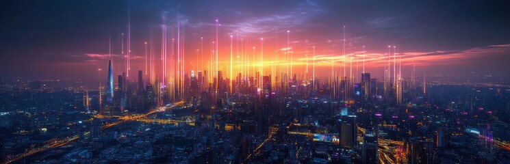 Fototapeta premium Futuristic cityscape at sunset with illuminated skyscrapers and vertical light beams enhancing the vibrant urban atmosphere