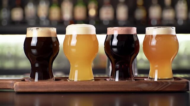 Four Glasses of Beer on a Wooden Serving Board with Soft Lighting