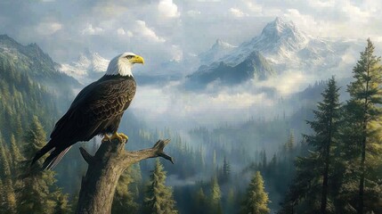 majestic bald eagle perched on a tree branch overlooking a misty forest valley with towering snow-capped mountains in the background