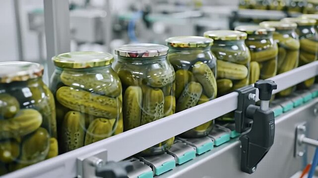 Glass Jars with Pickled Cucumbers on Conveyor Belt in Factory Setting