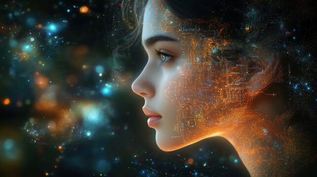 profile of a young woman with glowing orange circuit patterns on her face and neck against a cosmic starry background, conveying a futuristic and contemplative mood