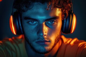 young man with curly hair wearing large illuminated headphones looking intensely forward with dramatic blue and orange lighting on his face