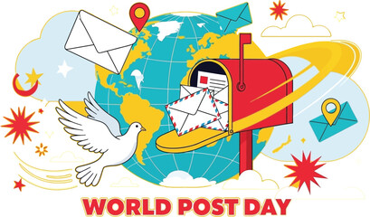 Celebrate World Post Day with vibrant global connections and a dove spreading messages worldwide
