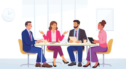 Diverse business team collaborating enthusiastically in a modern meeting room, discussing ideas and projects.