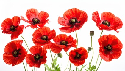 Obraz premium Bright red poppies against white background. Close-up, detailed view of vibrant flowers. Several stems with blossoms in various stages. Natural light, studio shot