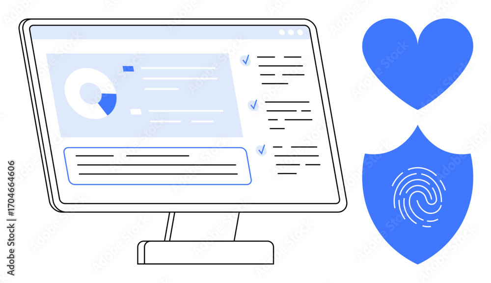 Poster computer screen displaying analytics with graphs and checklists. blue heart and shield with fingerpr