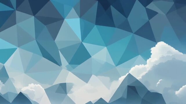 A geometric abstract with a triangular pattern in shades of blue and white, resembling a low-poly view of the sky and mountains or clouds. The modern, minimalist design is suitable for various project