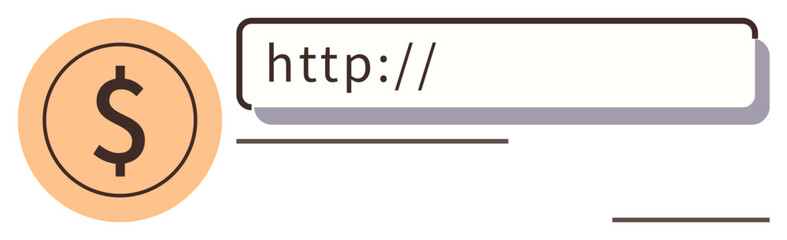 Circular dollar sign icon beside a search bar, portraying financial transactions, web finance, and e-commerce. Ideal for payment processing, online trade, finance tools, web monetization, digital