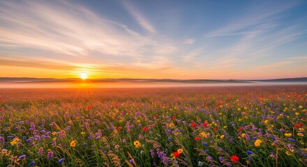 Golden sunrise over a vibrant meadow of wildflowers, creating a tranquil, idyllic summer landscape.