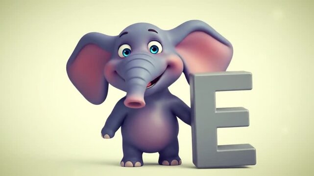 Cartoon elephant holds letter e