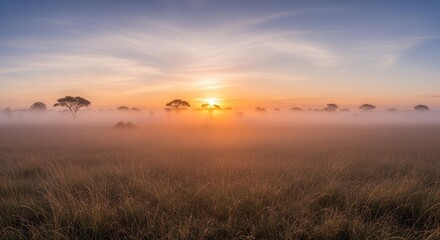 Obraz premium Sunrise over the African savanna with mist and acacia trees, a tranquil and scenic landscape.