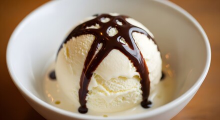 A scoop of creamy vanilla ice cream sits perfectly in a white bowl, generously drizzled with rich chocolate sauce. A classic dessert that blends smooth sweetness with indulgent delight.